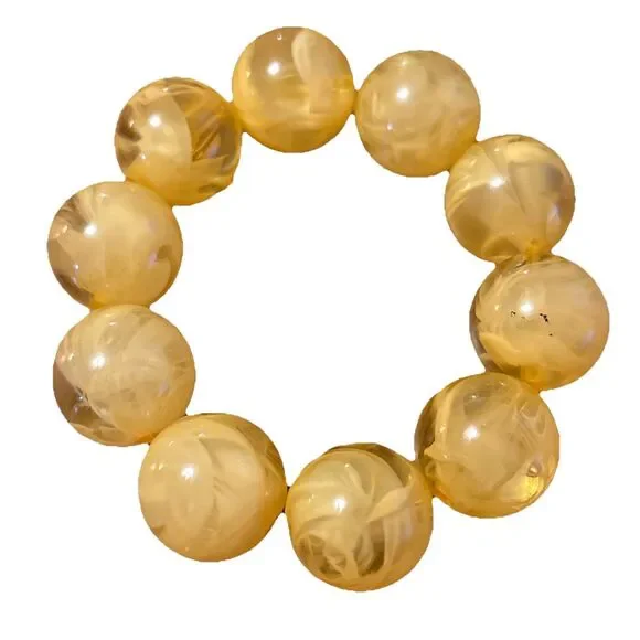 Pair Womens Bracelets Large Marble Beads Stretch Band Yellow Orange - Picture 2 of 5